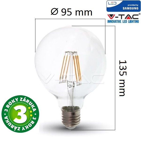 Prémiová retro LED žárovka E27 SAMSUNG čipy 6W 806lm G95 teplá, filament