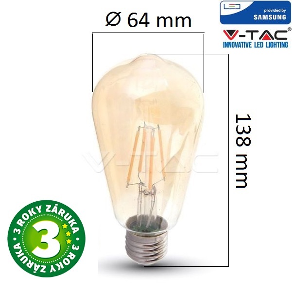 Prémiová retro LED žárovka E27 SAMSUNG čipy 6W 725lm extra teplá, filament