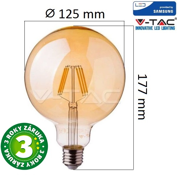 Prémiová retro LED žárovka E27 SAMSUNG čipy 6W 725lm G125 extra teplá, filament
