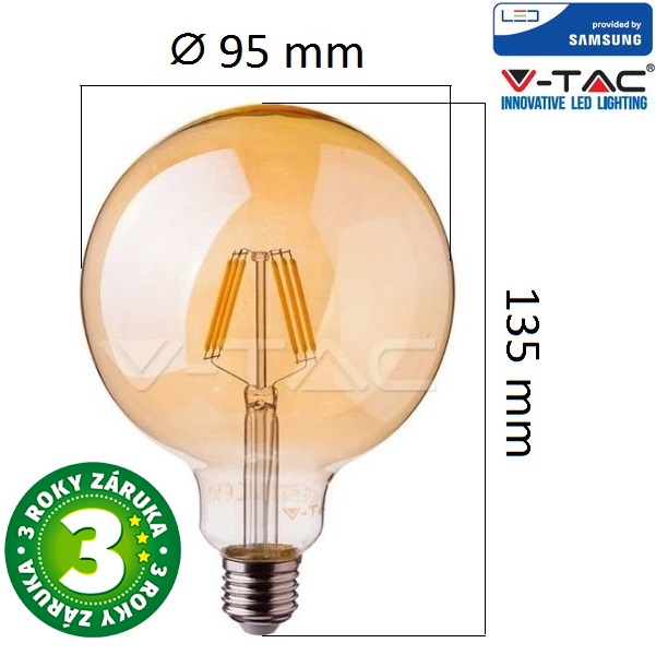 Prémiová retro LED žárovka E27 SAMSUNG čipy 6W 725lm G95 extra teplá, filament