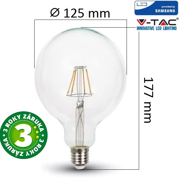 Prémiová retro LED žárovka E27 SAMSUNG čipy 6W 806lm G125 teplá, filament