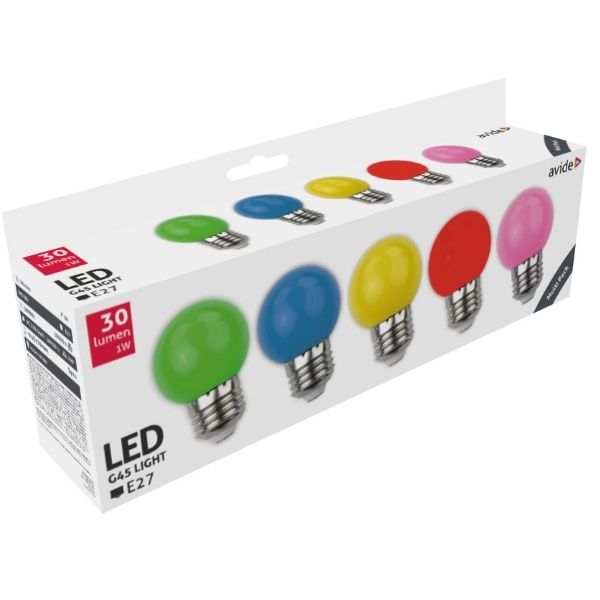 Sada 5 barevných LED žárovek E27 1W 30lm - zelená, modrá, žlutá, červená, růžová
