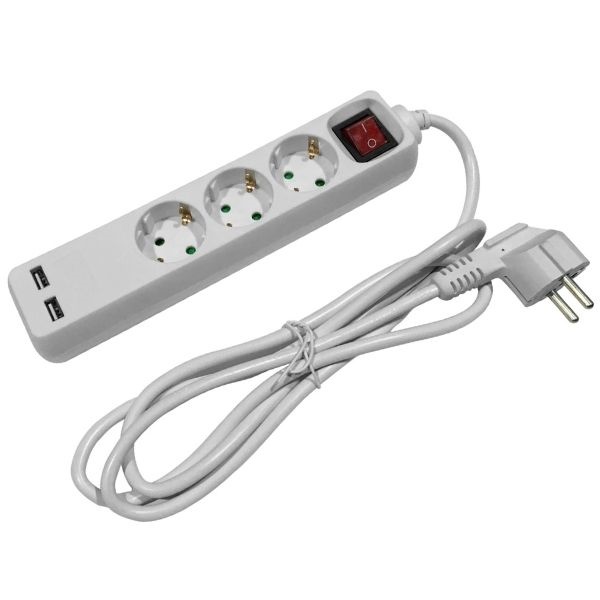 SCHUKO prodlužovací kabel - 3 zásuvky, 2 USB 1,5m, bílý s vypínačem 3G1.5