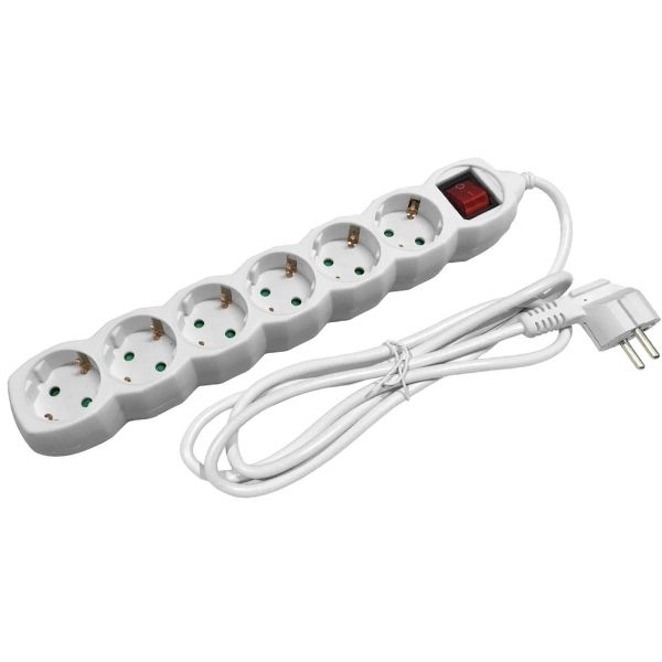 SCHUKO prodlužovací kabel - 6 zásuvek, 3m, bílý s vypínačem 3G1.5