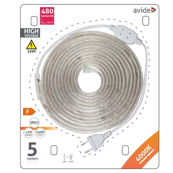 Set: voděodolný LED pásek 220V, 4,8W/m, denní, IP67, délka 5m se zástrčkou do zásuvky