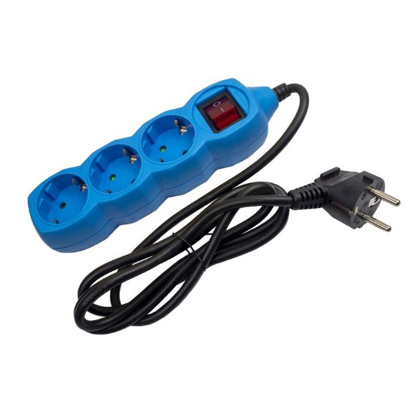 SCHUKO prodlužovací kabel - 3 zásuvky, 1,5m, modrý s vypínačem
