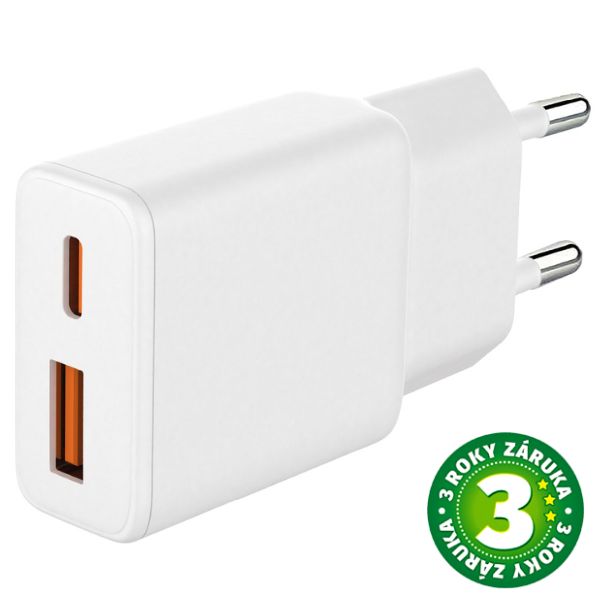 USB nabíjecí adaptér do sítě 5V/3A, 1xUSB A, 1xUSB C, rychlonabíjení, bílý, 3 roky záruka