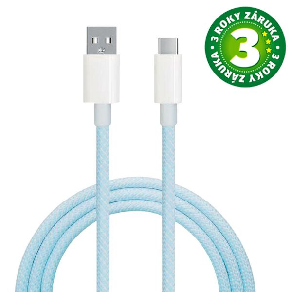 Opletený nylonový kabel USB-A na USB-C 1,5 m, 60W, 480 Mb/s, světle modrý, 3 roky záruka