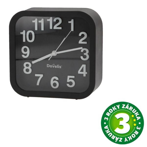 Velký analogový budík Dovelis, 13cm, velké číslice, na 1 baterii AA, černý, 3 roky záruka