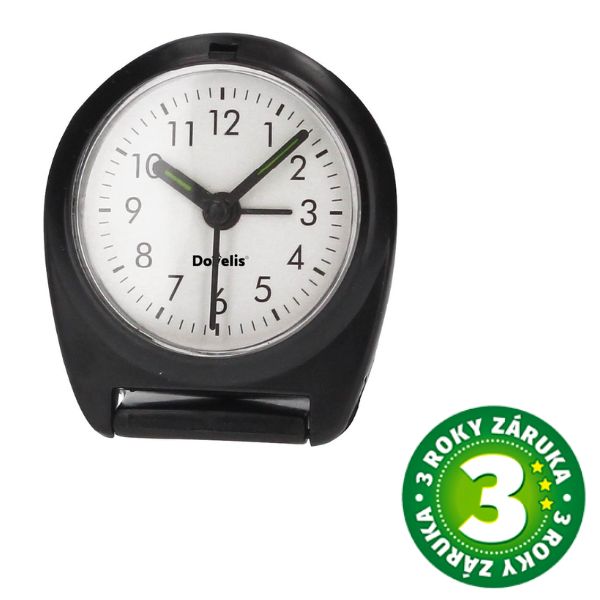 Malý cestovní budík Dovelis, analogový, 7cm, na 1 baterii LR44, černý, 3 roky záruka
