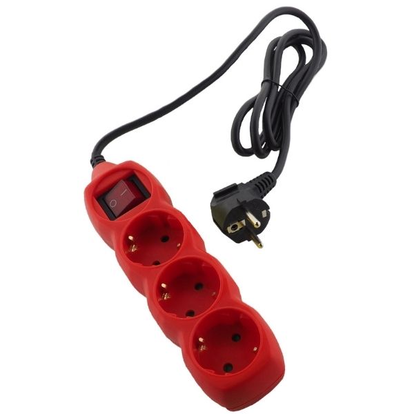 SCHUKO prodlužovací kabel - 3 zásuvky, 1,5m, červený s vypínačem
