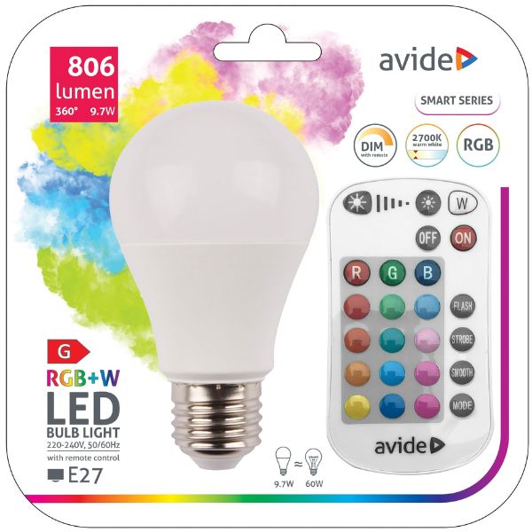 Chytrá LED žárovka  E27 9,7W RGB+W, stmívatelná, s dálkovým ovládáním, ekv. 60W, 3 roky