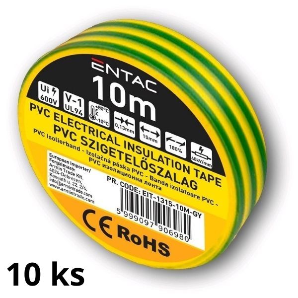 Izolační páska  PVC 15mm / 10m žlutozelená, balení 10ks pásek
