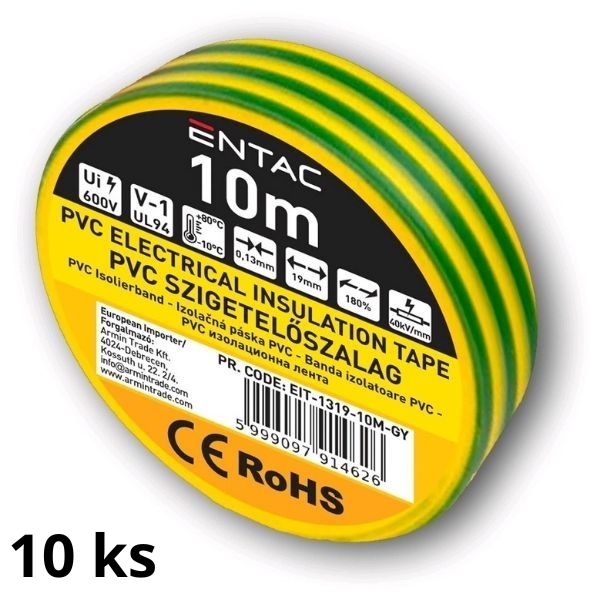 Izolační páska PVC  19mm / 10m žlutozelená, balení 10ks pásek