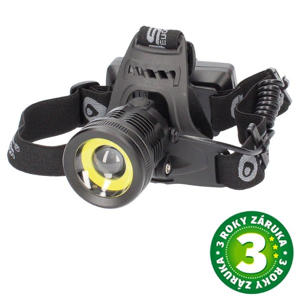 Výkonná nabíjecí LED čelovka 5+3W 800lm IPX4, hliník, černá, 3 roky záruka