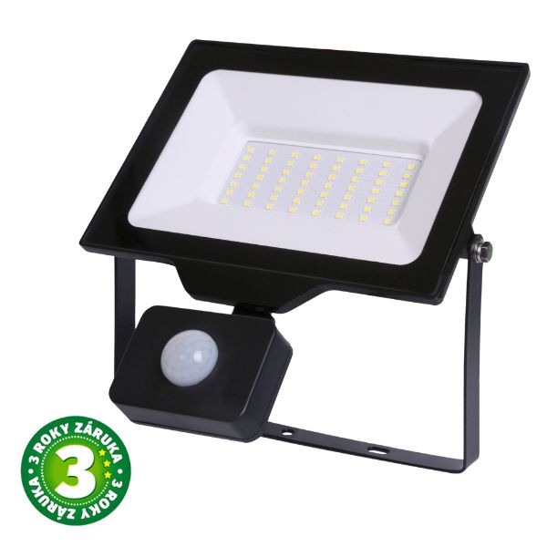 Prémiový ultratenký LED reflektor s čidlem pohybu černý 50W 5000lm, denní, 3 roky