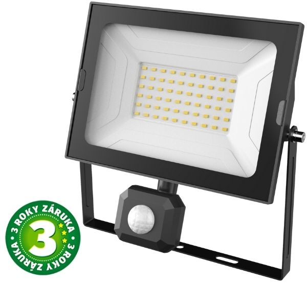 Prémiový ultratenký LED reflektor s čidlem pohybu černý 50W 3250lm, denní, 3 roky