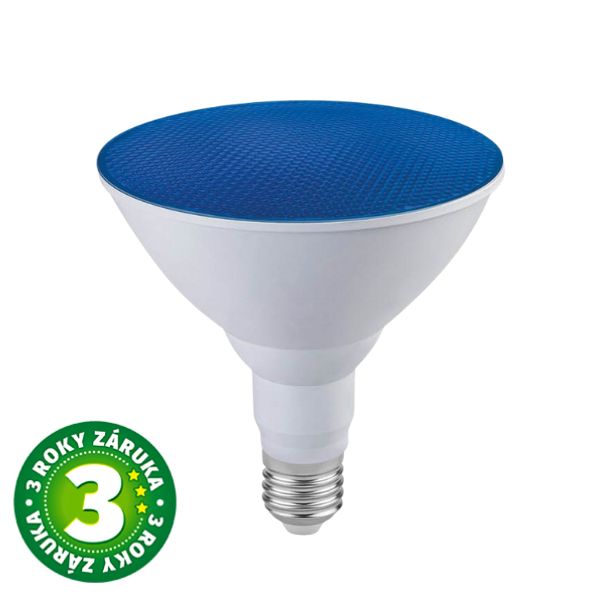Prémiová barevná LED žárovka E27 15W, PAR38, reflektorová, modrá, 3 roky záruka
