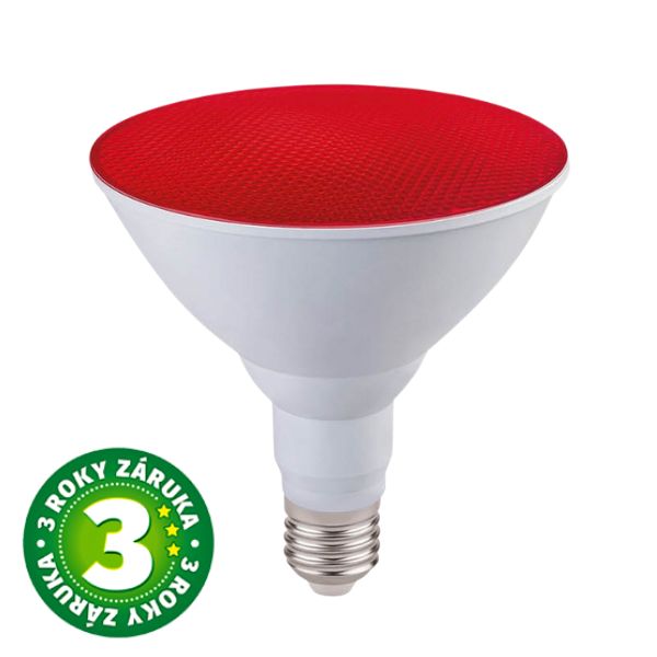 Prémiová barevná LED žárovka E27 15W, PAR38, reflektorová, červená, 3 roky záruka