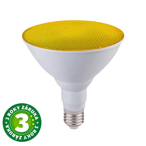 Prémiová barevná LED žárovka E27 15W, PAR38, reflektorová, žlutá, 3 roky záruka