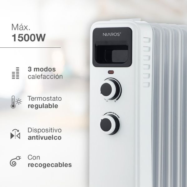 Olejový radiátor 3 režimy max 1500W 7 žeber kolečka, na 15m2, 3 roky záruka