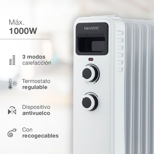 Olejový radiátor 3 režimy max 1000W 5 žeber kolečka, na 12m2, 3 roky záruka