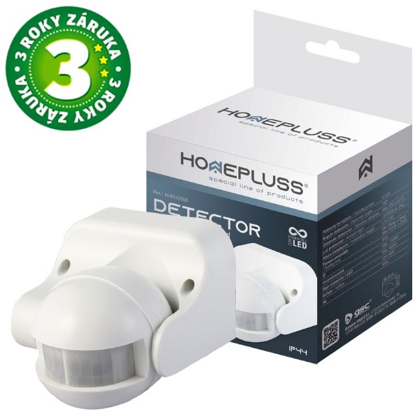 Pohybové čidlo na zeď – PIR senzor Homepluss, IP44 - venkovní, bílé, 1200W, 3 roky záruka