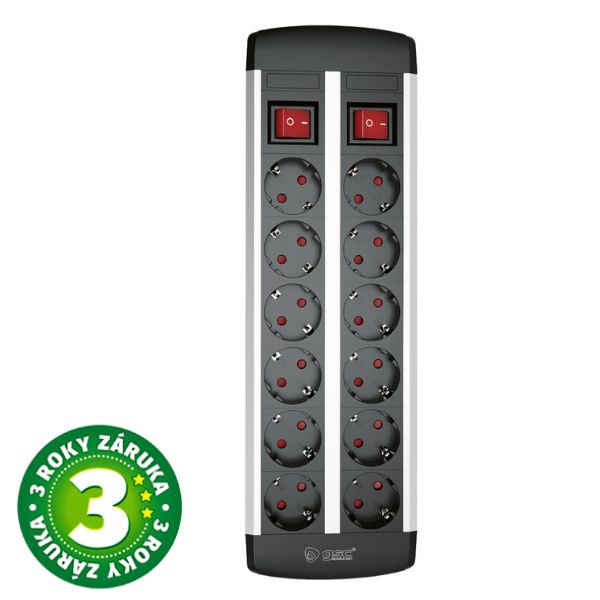 SCHUKO prodlužovací kabel s přepěťovou ochranou 12 zásuvek, 1,4m, černý, 2 vypínače 3G1.5