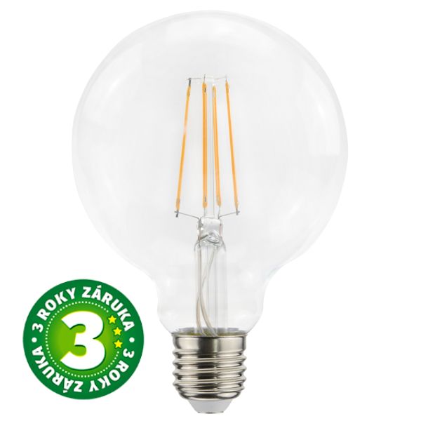 Prémiová retro LED žárovka E27 7W 806lm, průměr 95mm, teplá, filament, ekv. 60W, 3 roky