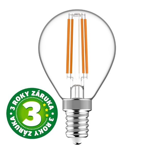 Ultra úsporná prémiová retro LED žárovka E14 4,9W 806lm G45 teplá filament ekv. 60W 3 roky