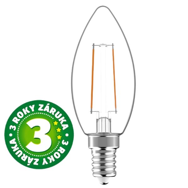 Prémiová retro LED žárovka svíčka E14 2,5W 250lm teplá, filament, ekv. 25W, 3 roky