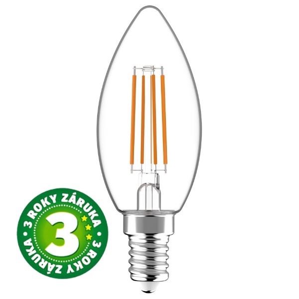 Ultra úsporná prémiová retro LED žárovka E14 4,9W 806lm svíčka teplá ekv. 60W 3 roky