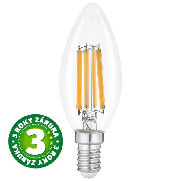 Prémiová retro LED žárovka svíčka E14 6W 806lm teplá, filament, ekv. 60W, 3 roky