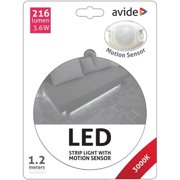 Set: voděodolný LED pásek pod postel 3,6W 360lm, teplá, 1,2m s čidlem pohybu a zdrojem
