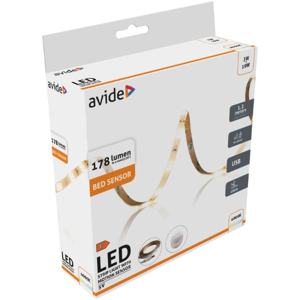 Set: voděodolný LED pásek pod postel 3W 178lm, teplá, 1,2m s čidlem pohybu a USB