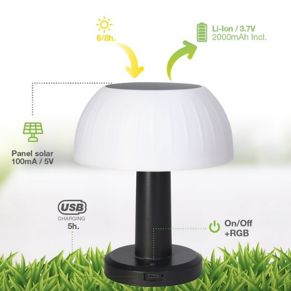 Solární LED stolní lampa Urgani s nabíjením USB, RGB, 1,6W, 18cm, 3 roky záruka