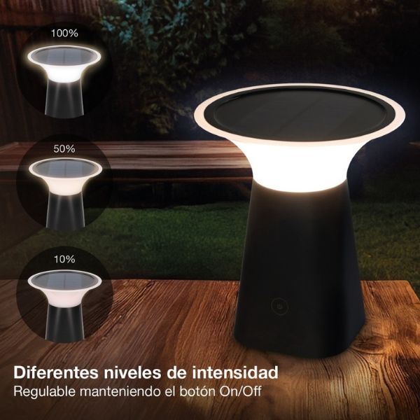 Solární LED stolní lampa s nabíjením USB, teplá, stmívatelná, 3W, 100lm, 19cm, 3 roky zár.