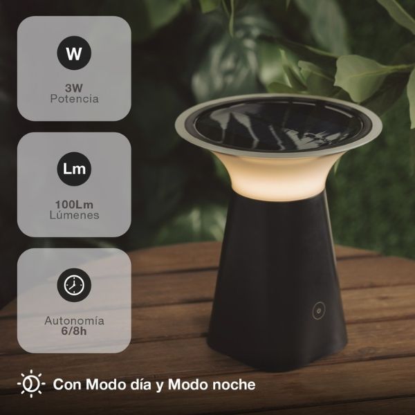 Solární LED stolní lampa s nabíjením USB, teplá, stmívatelná, 3W, 100lm, 19cm, 3 roky zár.