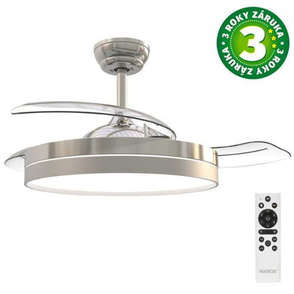 Stropní ventilátor se světlem Lugela 107cm 61W, 1521lm, CCT, DO, barva nikl, 3 roky záruka