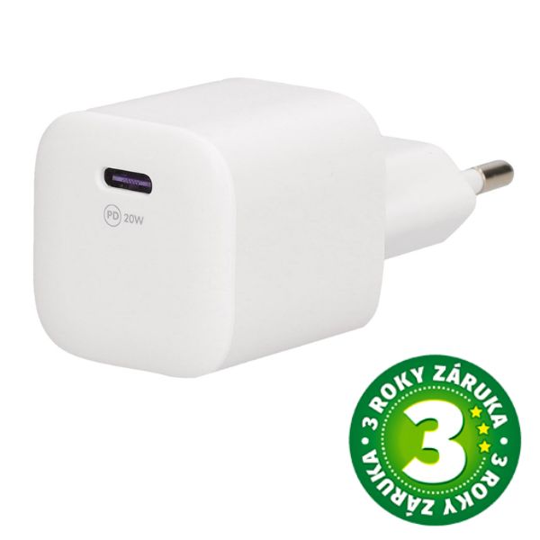 USB nabíjecí adaptér do sítě 5V/3A, 1xUSB C, rychlonabíjení, bílý, 3 roky