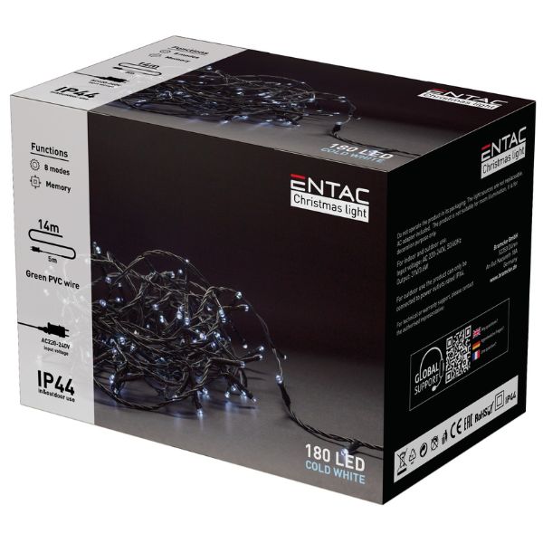 LED vánoční řetěz 14m, venkovní, studené světlo, 180 LED, 3,6W, do zásuvky, 8 režimů