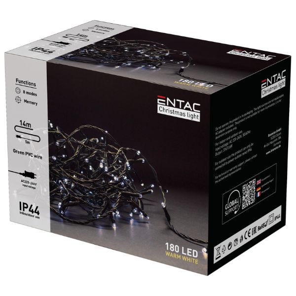 LED vánoční řetěz 14m, venkovní, teplé světlo, 180 LED, 3,6W, do zásuvky, 8 režimů