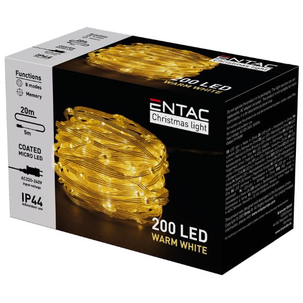 Nano LED vánoční řetěz 20m, venkovní, teplé světlo, 200 LED, 3,6W, do zásuvky, 8 režimů